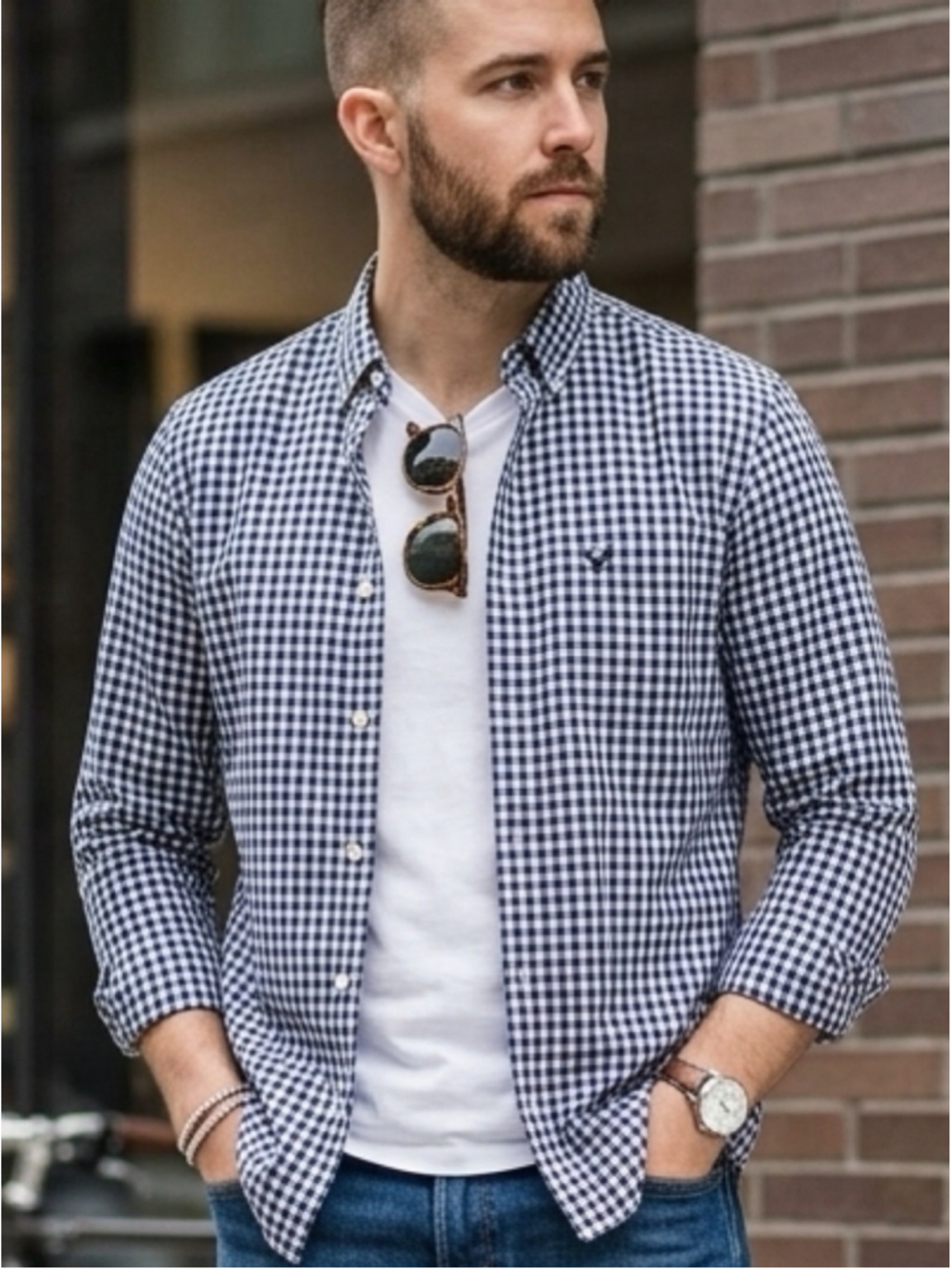 American Eagle Navy Gingham Plaid Button Down Shirt Coastal Preppy Geek 2XL 1726